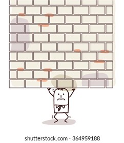 cartoon man crushed under a heavy wall