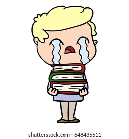 cartoon man crying over stack of books