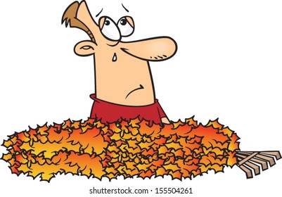 Cartoon man crying in a pile of leaves