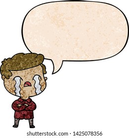 cartoon man crying with speech bubble in retro texture style