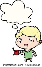cartoon man with cup of coffee with thought bubble