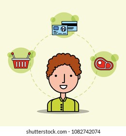 cartoon man customer basket meat and bank cards