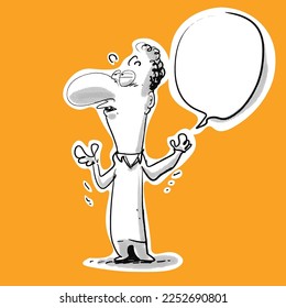 a cartoon man with customizable blank speech bubble. line-art and white contour are in same layer and merged. shadows are halftone dot. background is in different layer.
