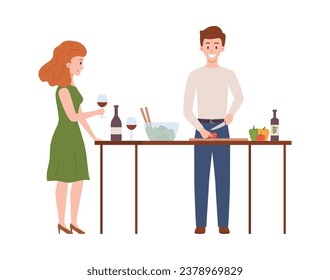 Cartoon man cuts vegetables for salad. Woman drinking wine. Couple preparing a romantic dinner. People enjoying cooking food together vector illustration isolated on white.