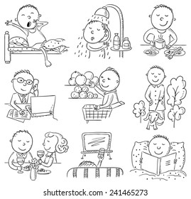 Cartoon man daily activities set, black and white