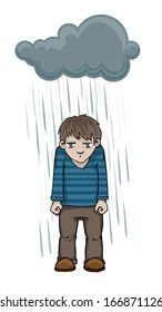 Cartoon Man With A Dark Rain Cloud Over His Head, Vector Illustration