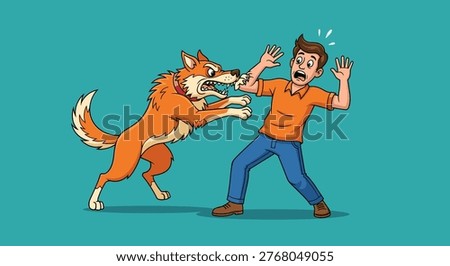 Cartoon man defending himself from an aggressive orange dog attack
