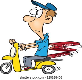 cartoon man delivering pizza on his scooter