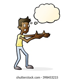 cartoon man desperately explaining with thought bubble