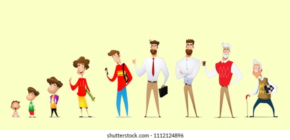 Cartoon man in different ages. Life cycle concept. Generation of people and stages of growing up. Vector illustration