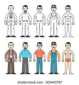 Cartoon man  in  different clothing with parts of face and hair styles. Black and white and color version.