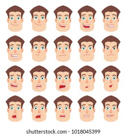 Cartoon Man. Different facial expressions. Emotional set for rigging and animation. Vector illustration in a flat style.
