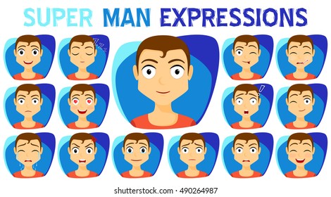 Cartoon man with different facial expressions and emotions.