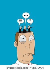 Cartoon man with with different thoughts in his head. Decision concept, doubt, uncertainty, stress. Vector design illustration