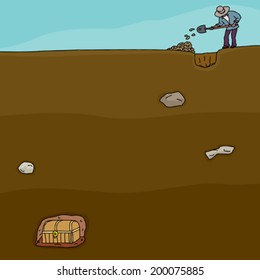 Cartoon Of Man Digging For Buried Treasure Chest