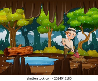 Cartoon eines Mannes, der im Regen den Boden grabt