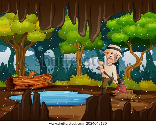 Cartoon of a man\
digging the ground in the\
rain