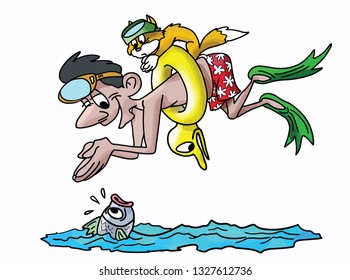 Cartoon man diving into water with his goggles on his head and his cat on his back vector illustration