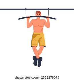 Cartoon man do pull-up exercise on bar. Strength and endurance workout with bodyweight. Arm muscle training routine at gym. Fitness and physical stamina. Sport and health train. Pullup illustration