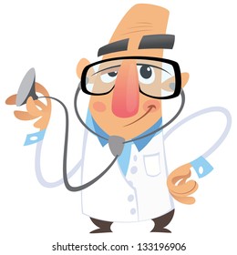 A cartoon man doctor smiling while examining using his stethoscope