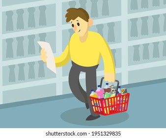 Cartoon man doing grocery shopping with list in supermarket. Flat vector illustration. Citizen making purchases in modern city shop. Shopping, marketing concept for advertisement, banner design