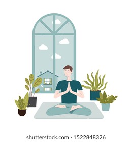 Cartoon man doing meditation sitting on yoga mat in lotus pose next to a window with view and urban jungle style house plant collection - isolated flat vector illustration.