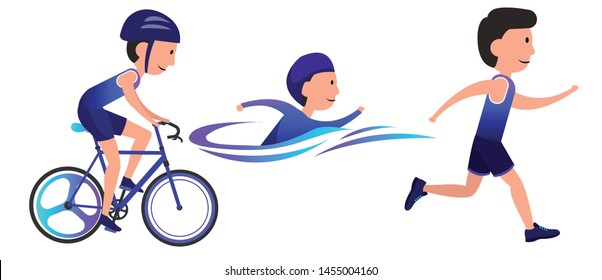 Cartoon Man Doing Triathlon, Biking, Swimming, Running