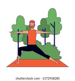 cartoon man doing yoga low lange pose at outdoors with trees over white background, colorful design , vector illustration