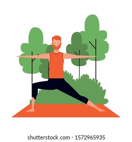 cartoon man doing yoga low lange pose at outdoors with trees over white background, colorful design , vector illustration