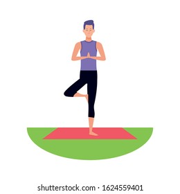 cartoon man doing yoga on mat over white background, vector illustration