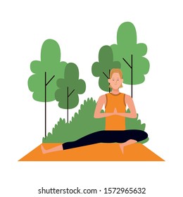 cartoon man doing yoga pose at outdoors with trees over white background, colorful design , vector illustration