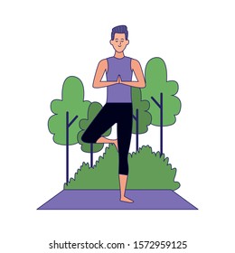 cartoon man doing yoga tree pose at outdoors with trees over white background, colorful design , vector illustration