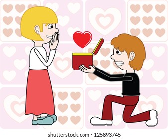 Cartoon of a man down on one knee proposing to his girlfriend.