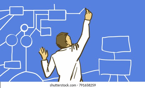Cartoon Man Drawing Chalk Scheme On A Blackboard. Color Vector Sketch.