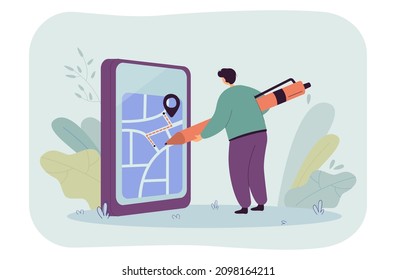 Cartoon man drawing route on city map on huge phone. Navigation app user with giant pen flat vector illustration. Transportation, technology concept for banner, website design or landing web page