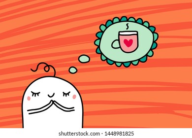 Cartoon man dreaming about cup of hot coffee hand drawn vector illustration on orange textured background minimalism