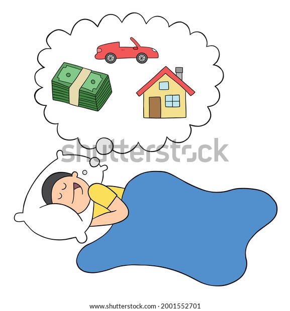 Cartoon man\
dreams of money, house and luxury car while sleeping, vector\
illustration. Colored and black\
outlines.