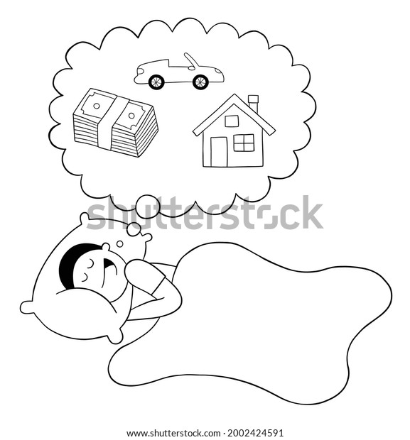 Cartoon\
man dreams of money, house and luxury car while sleeping, vector\
illustration. Black outlined and white\
colored.