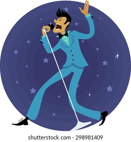 Cartoon man, dressed in 1970s fashion, singing in a microphone, circular background with stars, vector illustration, no transparencies, EPS 8