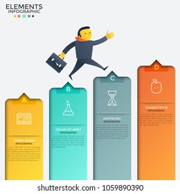 Cartoon man dressed in business suit climbing up stairs or ascending columns of bar chart. Concept of growth and progressive development. Creative infographic design template. Vector illustration.