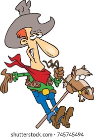 cartoon man dressed as a cowboy riding a stick horse