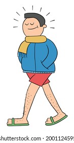 Cartoon man dressed in interesting outfit, coat, under shorts and slippers, vector illustration. Colored and black outlines.