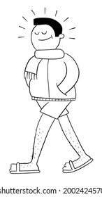 Cartoon man dressed in interesting outfit, coat, under shorts and slippers, vector illustration. Black outlined and white colored.