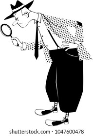 Cartoon man dressed in retro fashion with a magnifying glass, searching or examining something, black EPS 8 vector silhouette, no white objects