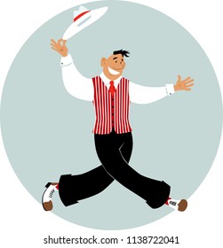 Cartoon man dressed in retro fashion and with a hat dancing, EPS 8 vector illustration