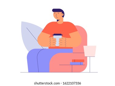 Cartoon man drink coffee time break. Hipster young man character with cup of coffee isolated vector illustration