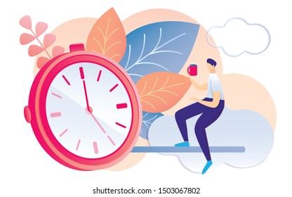 Cartoon Man Drink Coffee at Working Time. Deadline Symbol Clock Stopwatch Vector Illustration. Work Delay Procrastination. Task Control Service. Time Management Schedule Optimization