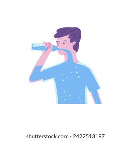 Un caricaturista bebiendo agua pura. Cuerpo completamente lleno de líquido, sediento. Bebida humana saludable del frasco de vidrio. Icono vectorial de la infografía de balance de agua.