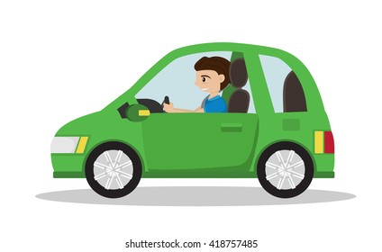 cartoon man driving a green eco car. isolated on white background. vector