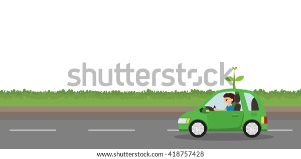 cartoon man driving a green eco car on\
the road. isolated on white background.\
vector